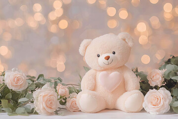 Soft teddy bear with heart surrounded by roses and warm lights