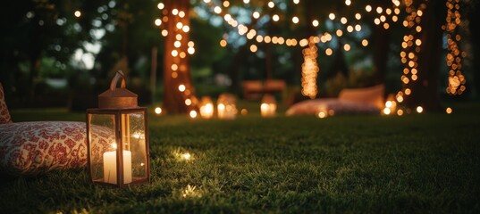 Wall Mural - enchanted evening glowing lantern and fairy lights illuminate a serene garden setting
