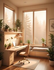 Wall Mural - Elevation rendering of a Z-shaped study table with built-in wall seating in a simple cabin bedroom. The room boasts a bed, lovely accents, and thriving houseplants. Abundant natural light from an expa