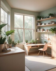 Wall Mural - Elevation rendering of a Z-shaped study table with built-in wall seating in a simple cabin bedroom. The room boasts a bed, lovely accents, and thriving houseplants. Abundant natural light from an expa