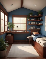 Wall Mural - Elevation rendering of a Z-shaped study table with built-in wall seating in a simple cabin bedroom. The room boasts a bed, lovely accents, and thriving houseplants. Abundant natural light from an expa