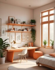 Wall Mural - Elevation rendering of a Z-shaped study table with built-in wall seating in a simple cabin bedroom. The room boasts a bed, lovely accents, and thriving houseplants. Abundant natural light from an expa