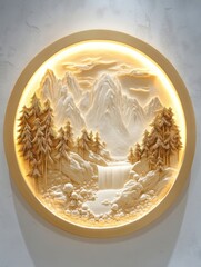 Wall Mural - Illuminated Mountain Landscape Carving: A Serene Waterfall Scene