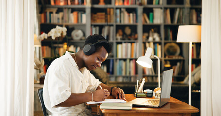 Poster - Laptop, college and writing with black man and headphones for research, online course and scholarship. Notebook, university student and elearning webinar with person in home office for streaming