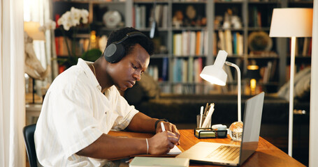 Poster - Laptop, college and headphones with black man writing for research, online course and scholarship. Notebook, university student and elearning webinar with person in home office for report and project
