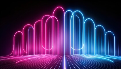 Poster - Abstract Ascending Pink and Blue Neon Lines on Black Background A Vibrant Digital Artwork Showcasing Dynamic Movement and Color Contrast in a Futuristic Style