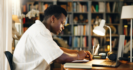 Poster - Laptop, college and notebook with black man in home office for research, online course and scholarship. Writing, university student and elearning webinar with person and notes for report and project