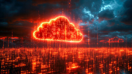 Poster - Futuristic red cloud computing data visualization set against a moody digital storm background