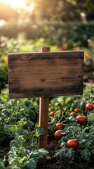 A wooden sign stands in a garden, surrounded by lush green plants and ripe red tomatoes.