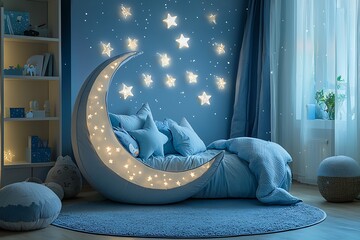 a celestial moon-themed kids' room with a crescent moon-shaped bed, starry lights, and soft blue dec