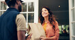 © peopleimages.com - Delivery man, woman or courier with phone for package by front door for online shopping order or fast food distribution. Logistics, customer or male driver with paper bag for ecommerce or safe parcel