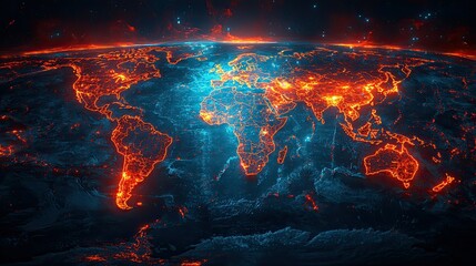 Poster - A vibrant, illuminated depiction of Earth showcasing continents in fiery colors.