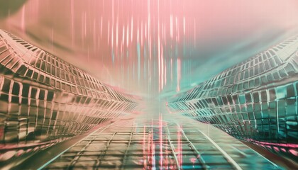 Poster - abstract blue, mint, and pink background featuring interlaced digital glitch and distortion effects 