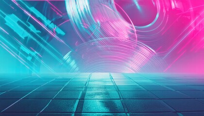 Poster - abstract blue, mint, and pink background featuring interlaced digital glitch and distortion effects 