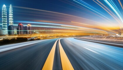 Poster - Abstract Futuristic Background Featuring HighSpeed Straight Blue and Yellow Lines with Bokeh Glowing Neon Effects for Dynamic Visuals and Modern Design Elements