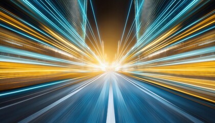 Poster - Futuristic Abstract Background Featuring HighSpeed Straight Blue and Yellow Lines with Bokeh Glowing Neon Effects for Dynamic Visual Experiences and Modern Design Projects