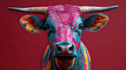 Wall Mural - A vividly painted cow against a contrasting background, showcasing artistic expression.