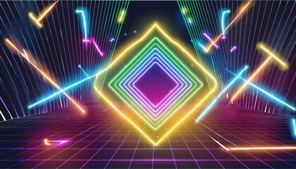 Poster - Abstract Neon Light Geometric Background with Glowing Neon Lines and an Empty Futuristic Stage Laser, Perfect for Modern Design Projects and Creative Visuals