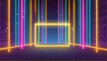 Poster - Vibrant Abstract Neon Light Geometric Background A Futuristic Stage with Glowing Laser Lines Perfect for Creative Projects, Digital Art, and Visual Displays