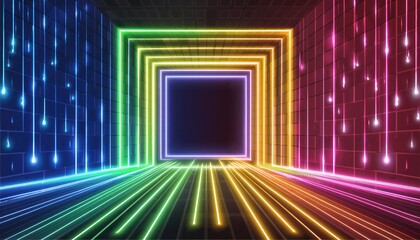 Poster - Vibrant Abstract Neon Light Geometric Background with Glowing Lines Futuristic Stage Laser Design for Creative Projects and Digital Art