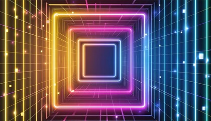 Poster - Vibrant Abstract Neon Light Geometric Background Featuring Glowing Neon Lines and an Empty Futuristic Stage with Laser Effects for Creative Visual Projects and Digital Art