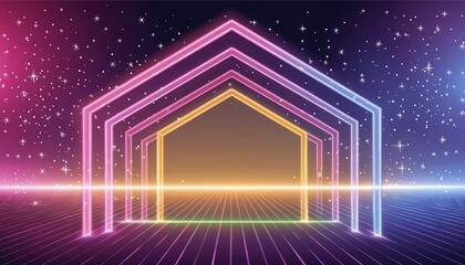 Poster - Futuristic Abstract Neon Light Geometric Background with Glowing Lines Empty Laser Stage for Creative Designs, Visuals, and Digital Art Projects