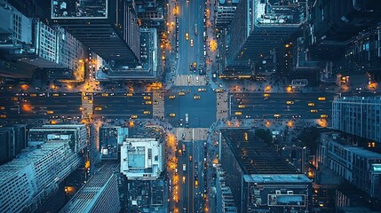 Poster - Aerial view of a bustling urban intersection at night, illuminated by streetlights and vehicles.