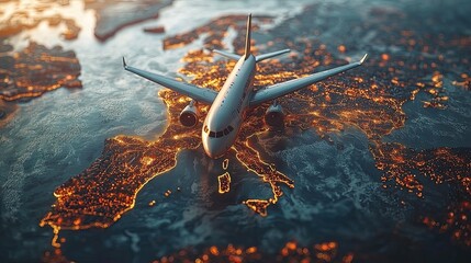 Poster - Aerial view of a plane over a glowing map of Europe, symbolizing travel and connectivity.