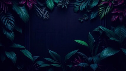 Wall Mural - Dark pattern with exotic leaves in shades of green, purple, and black, creating a mysterious and alluring backdrop for design projects, exotic, texture