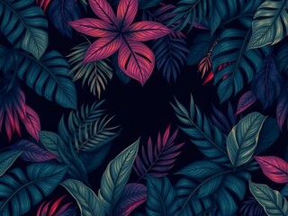 Wall Mural - Dark tropical pattern featuring exotic leaves in rich greens and deep purples, texture, foliage