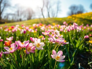 Wall Mural - Field of vibrant yellow daffodil flowers blooming under a clear blue sky, seasonal, bright