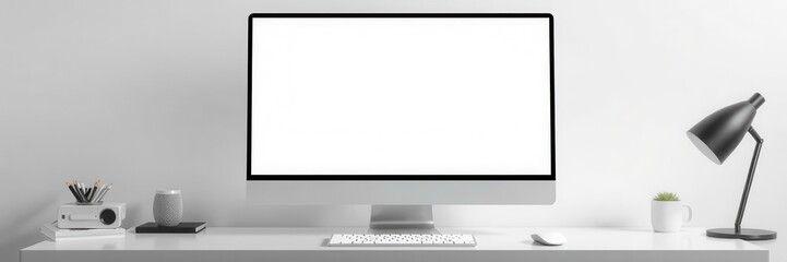 Poster - High-quality vector mockup of a modern desktop computer with keyboard and mouse on a white desk, perfect for showcasing websites or apps, presentation, workplace, template