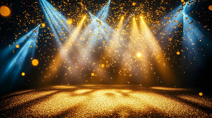 Poster - Experience a dazzling celestial celebration with golden confetti and beams of light illuminating the night stage for joyful revelry.