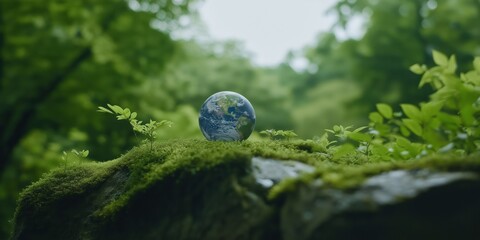 Poster - A small globe is sitting on a mossy rock in a lush green forest. Concept of tranquility and harmony between nature and the environment