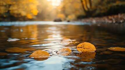 Aufkleber - Calm autumn river with floating yellow leaves.