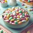 © Elena - A candy-filled bowl graces a tabletop in this pastel-themed, smooth oval-shaped candy, pearlized effect, high angle in a close-up shot, snack-related content, recipes,
