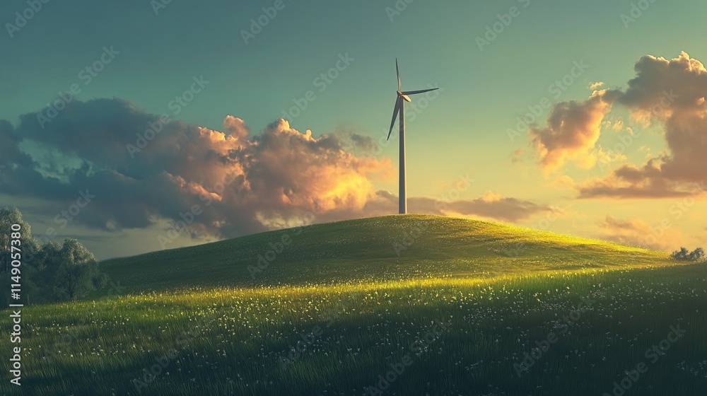 Wind turbine on rolling hills under dramatic sky at sunset symbolizing ...