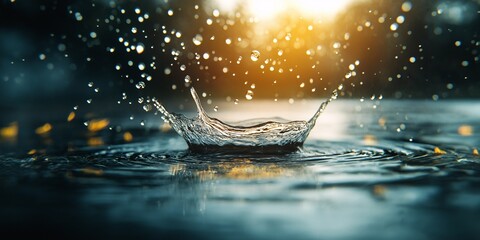 Poster - Captivating Close-Up of a Fresh Water Drop Splashing in a Serene Water Surface at Sunset, Creating Beautiful Ripples and Dynamic Reflections