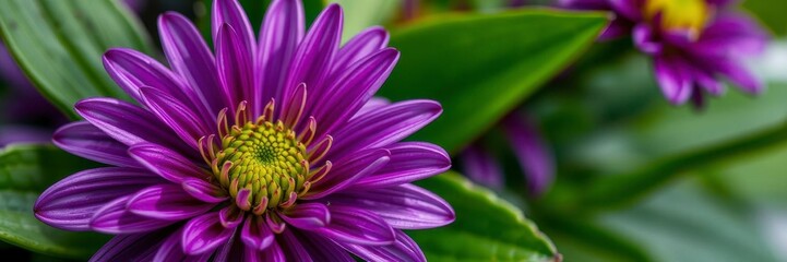 Wall Mural - Close up of vibrant purple flower petals and delicate green leaves, creating a beautiful contrast and a stunning natural composition, flower, contrast