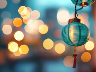 Aufkleber - A beautiful teal lantern hangs against a blurred backdrop of warm bokeh lights, creating a serene and festive atmosphere.