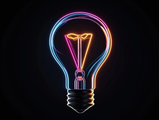 Poster - Creative neon light bulb glows brightly against dark background. Colorful trails wrap around bulb. Innovative tech concept. Modern idea for electric lighting. Bright bulb innovation, solutions.