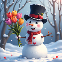 Canvas Print - Cheerful snowman holding colorful tulips in a winter wonderland setting, digital art of whimsical character design concept.