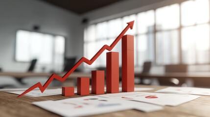 Poster - stacked bar graphs, upward red arrows illustrate market trends in modern office. financial data visu
