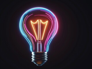 Aufkleber - Colorful neon light bulb glows brightly against dark background. Creative light bulb represents idea generation, innovation. Modern tech concept. Electric light bulb bright idea symbol. Glowing bulb