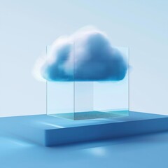 Poster - Futuristic cloud tech concept. Abstract cloud design displayed in transparent cube. Visualizes cloud storage, connectivity. Modern tech illustration on light blue background. Creative graphic design