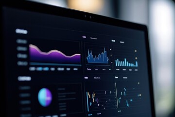 Poster - computer monitor displays dark mode dashboard with various graphs, charts. data analysis interface s
