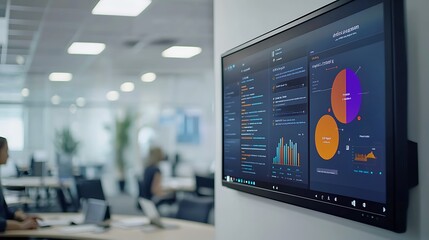 Poster - Office wall-mounted display showing business analytics data, charts, and graphs.