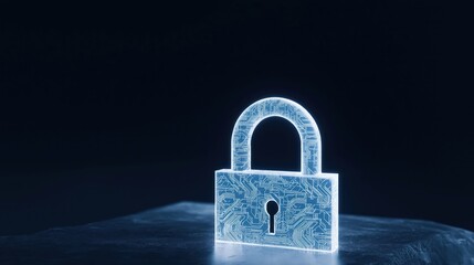 Poster - Transparent padlock glows in dark background. Digital security concept. Modern tech illustration. Secure system. Glowing design. Protection, privacy. Cybersecurity. Virtual safeguard. 3D