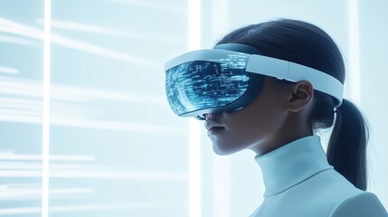 Poster - Woman wears VR headset. Future classroom. Interactive learning. AI tutor assists. Modern tech in education. Smart environment. Virtual learning experience. Students use augmented reality.