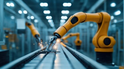 Poster - Modern tech factory shows automated assembly line. Robotic arms assemble products efficiently. Streamlined production process visible. Advanced tech in industrial design clear. Quality control part